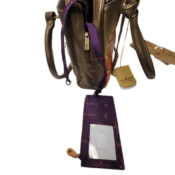 Anuschka Leather Handbag Bronze Gold Handpainted Triple Compartment Handbag - Picture 10 of 16